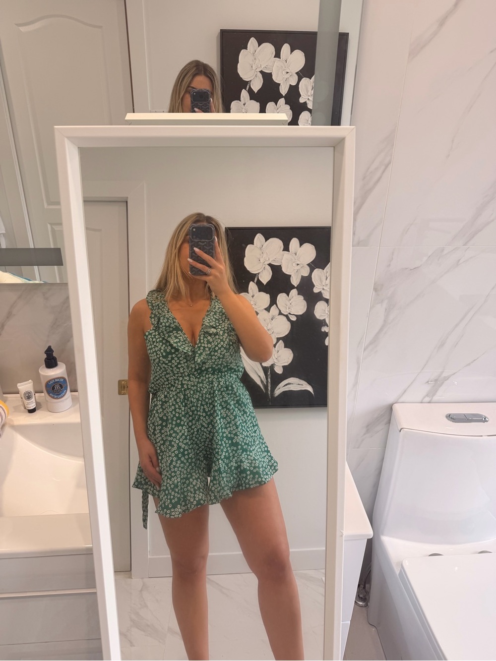 SHEIN Green Floral Ruffle Romper